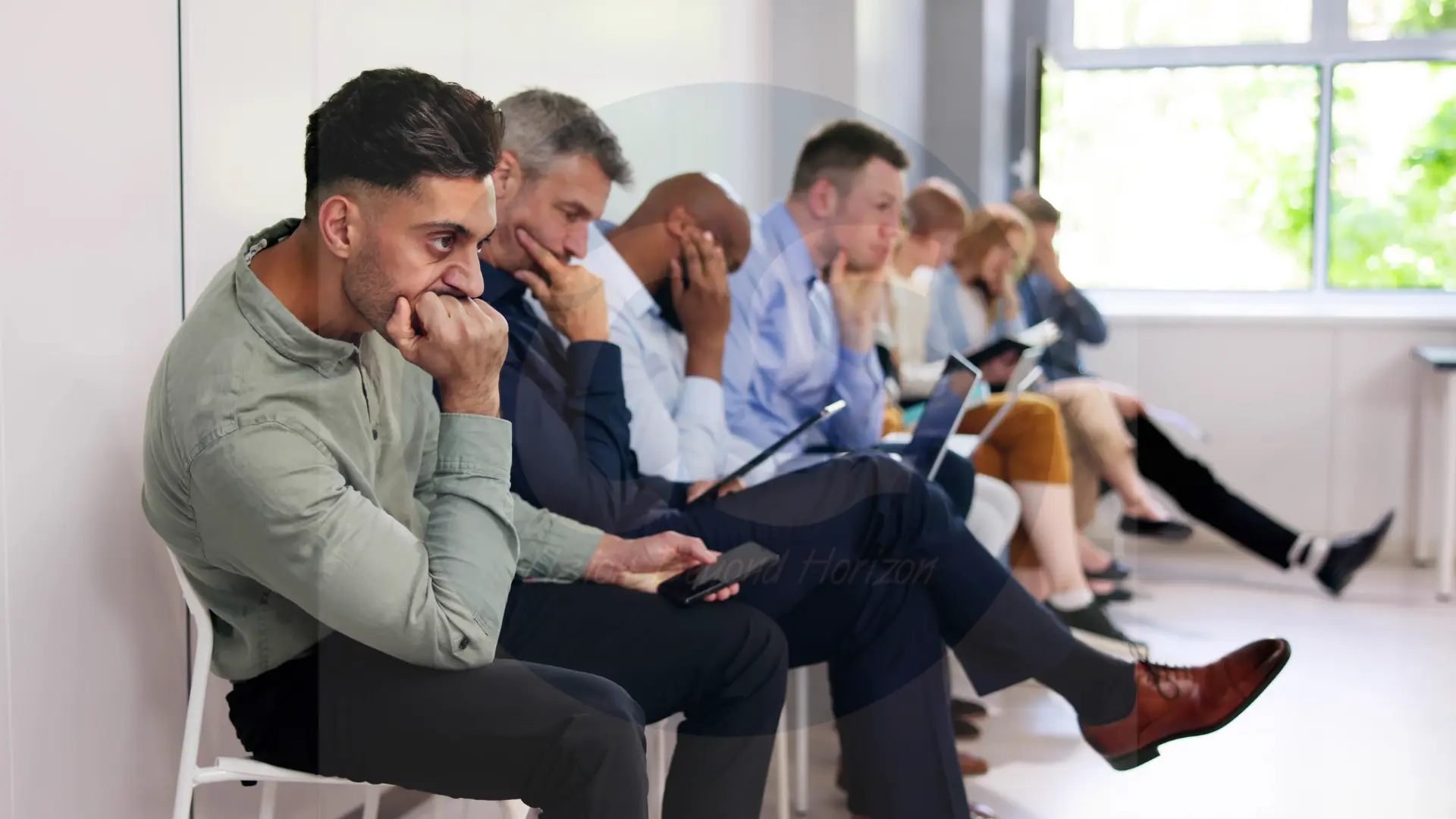 Diverse candidates waiting, modern interview, how do you describe yourself